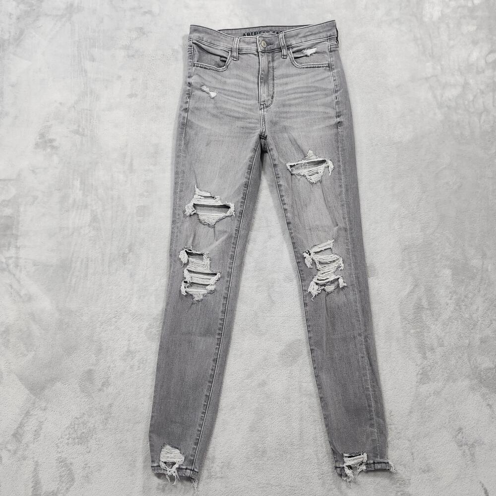 American Eagle Jeans Womens 6 Gray Super Hi Rise Jegging Distressed Stretch